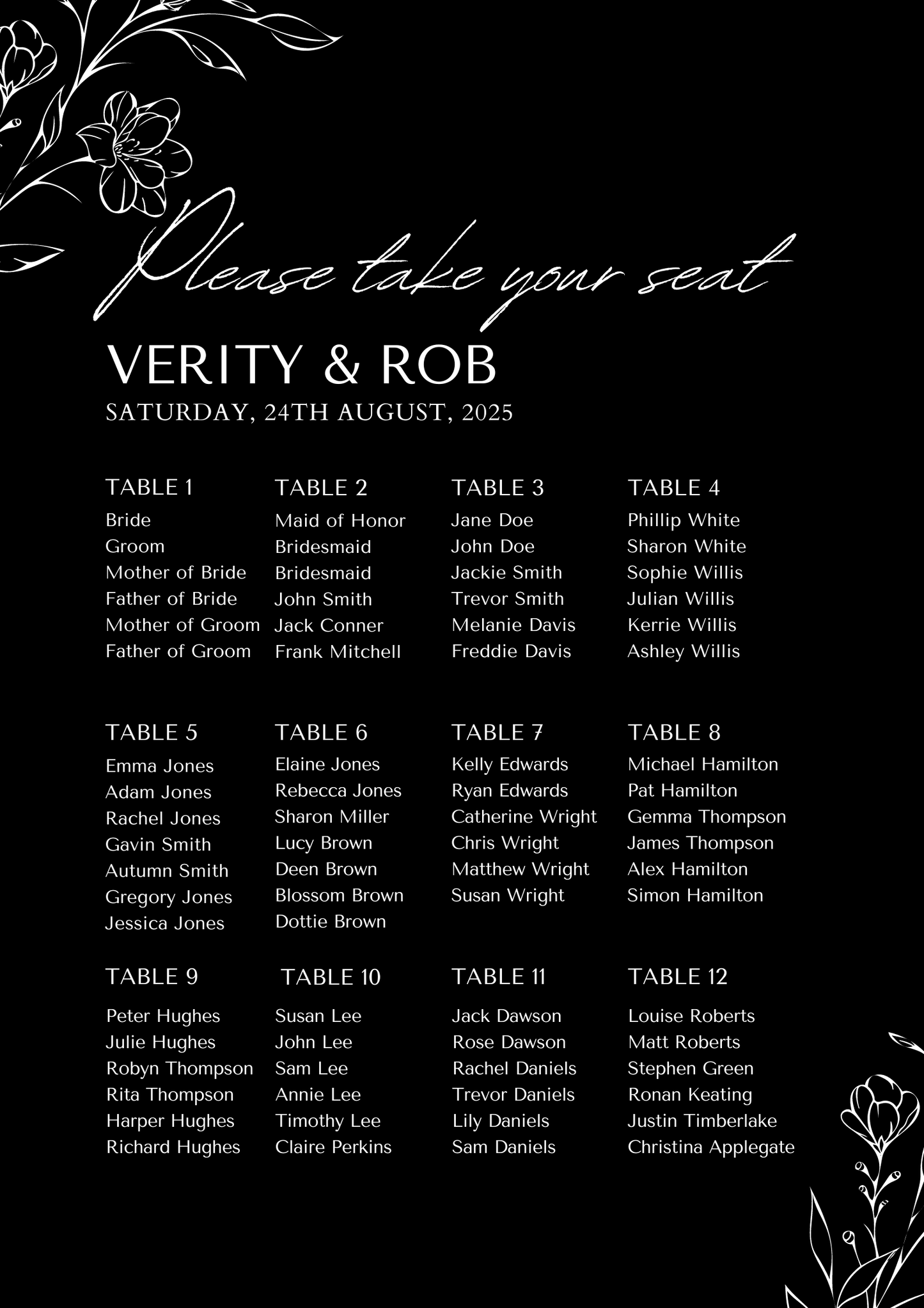 Printed Seating Plan