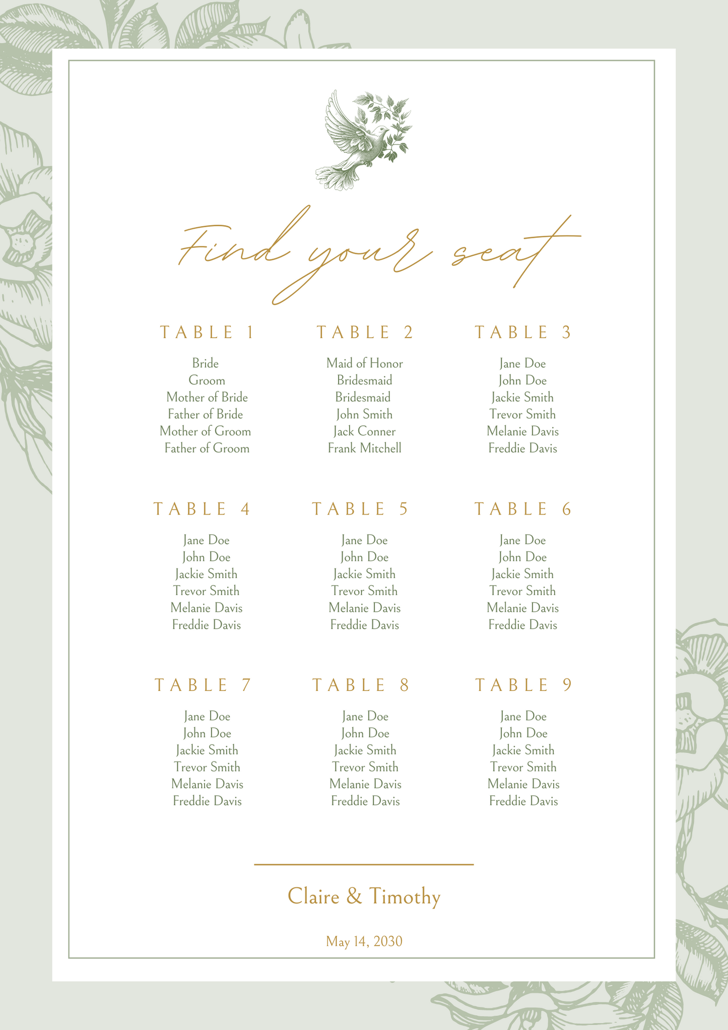 Printed Seating Plan