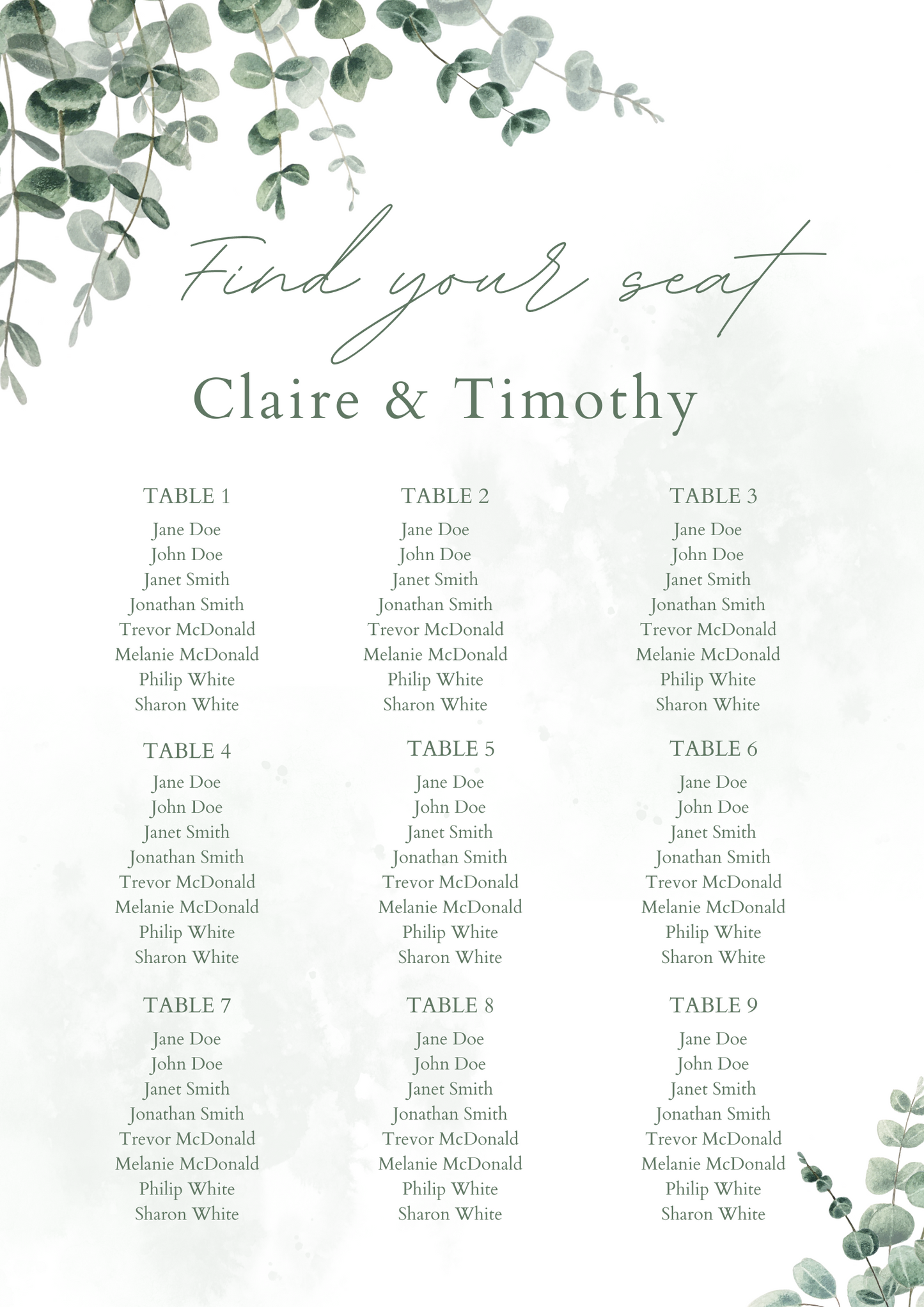 Printed Seating Plan