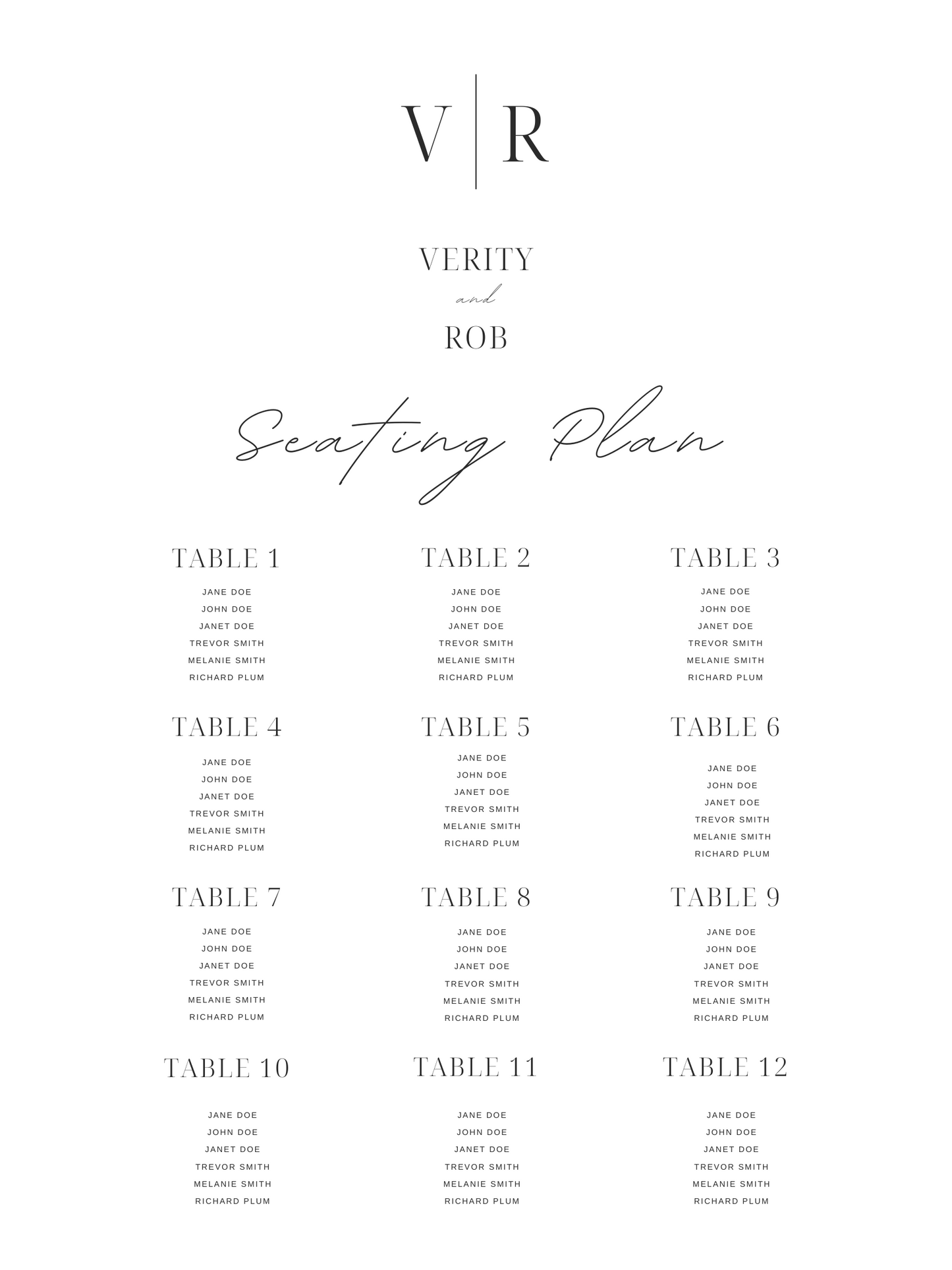 Printed Seating Plan